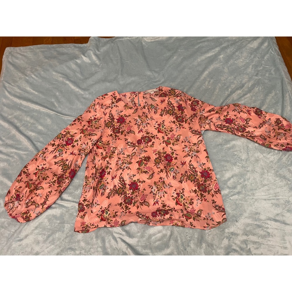 LOFT Pink Floral Paisley Jacquard Blouse Long Sleeve Keyhole Back Size M